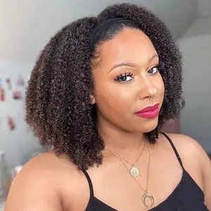 Bling Hair Afro Kinky Curly Headband Wig Human Hair 180% Density Afro Wigs For Black Women Human Hair Glueless Human Hair Full Machin Made Wigs Natural Color