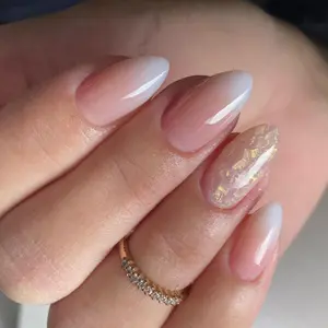 Ombre Short Almond Fake Nail Kit, 24pcs French Style Press on Nails with Nail File & Jelly Glue, Removable Artificial Fake Nail, Women Girls DIY Manicure, Acrylic Press Nails, Glitter Nails, French Tips
