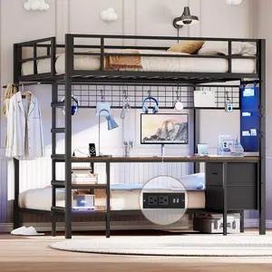 Full Size Over Twin Bunk Loft Bed Frame with Desk and Charging Station Black