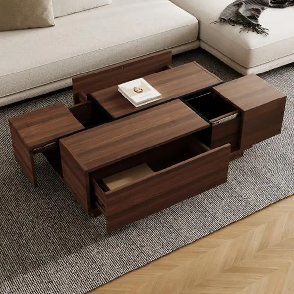 Rectangular Sliding Top Coffee Table with 2 Drawers and 2 Hidden Storage for Living Room