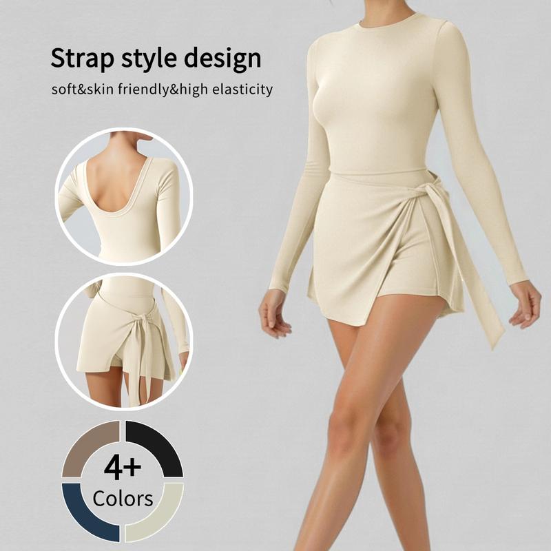 Women's Long Sleeve Tennis Dress with Ruffle Side Slit & Built-in Shorts for Yoga Golf Athletic Activities Homecoming Dress Activewear Machine Washable High Stretch Knit Fabric