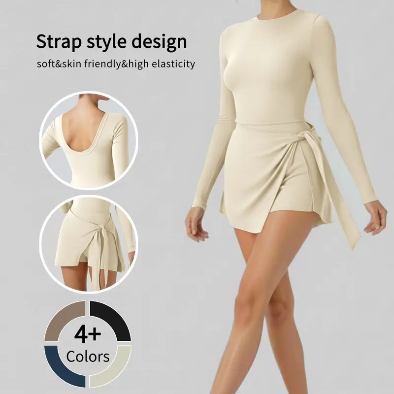 Women's Long Sleeve Tennis Dress with Ruffle Side Slit & Built-in Shorts for Yoga Golf Athletic Activities Homecoming Dress Activewear Machine Washable High Stretch Knit Fabric