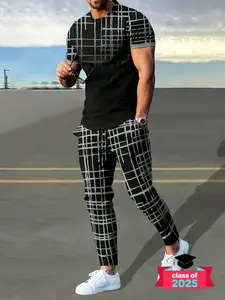 Men's Plaid Print Short Sleeve Tee & Drawstring Waist Pants Two-piece Set, Round Neck T-shirt & Pocket Trousers, Casual Top & Bottoms for Summer Outdoor