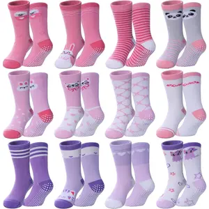L-SOK021   Toddlers Girls Non Slip Grip Socks - Cotton Crew Socks with Grippers 12 Pairs