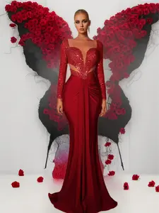 Elegant Women's Evening Gown Dress, Beaded Sequins Design, Long Sleeves, Slim Fit, High Waist Party Prom Dress, Luxury Style Formal Wear