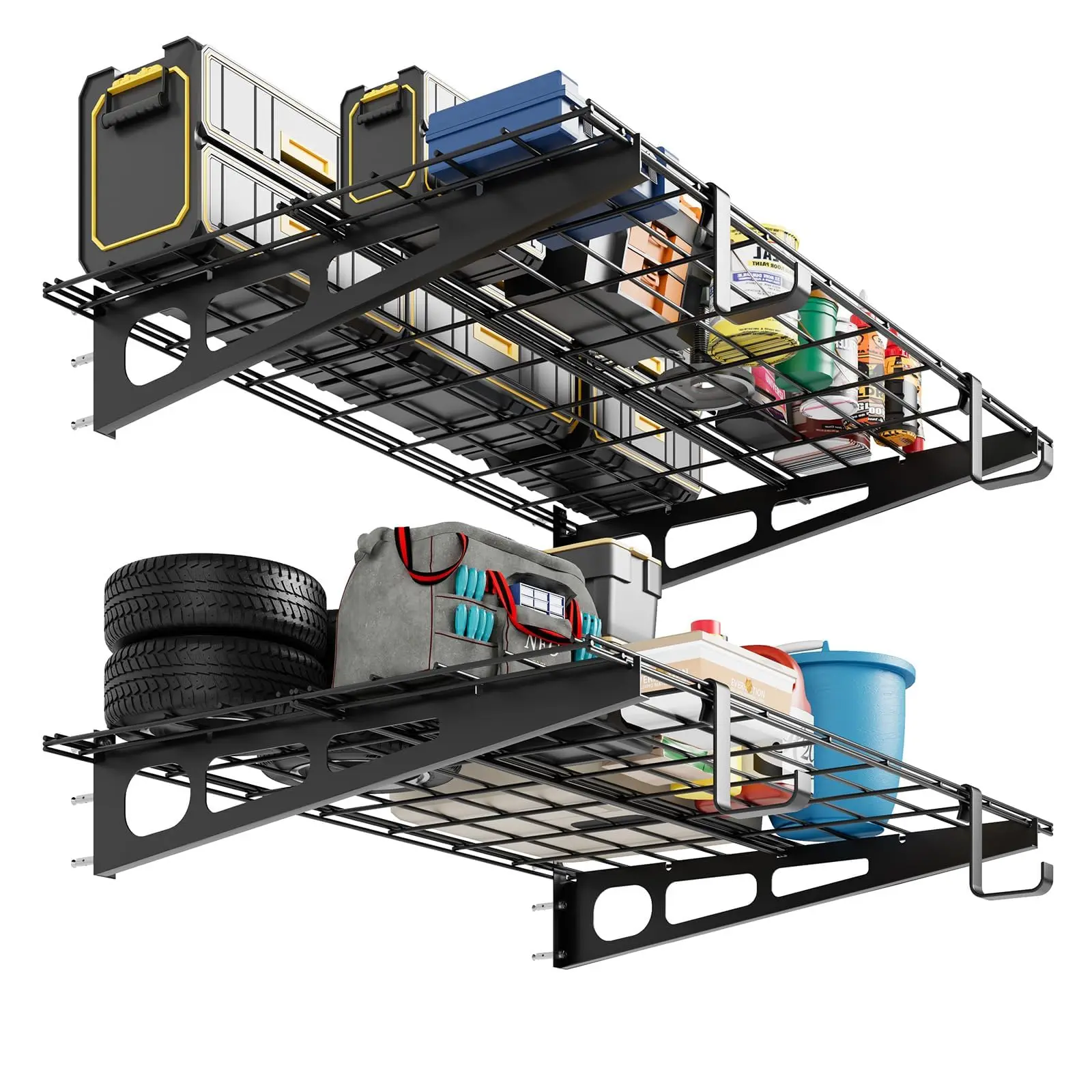 Garvee Set of 2 Heavy-Duty Steel Garage Storage Shelves, 61x183 cm (2x4 ft), Wall-Mounted with Hooks, Supports Up to 370-600 kg per Layer, Compatible with 16/18/24" Wood Studs, Easy Installation with Hardware and Template