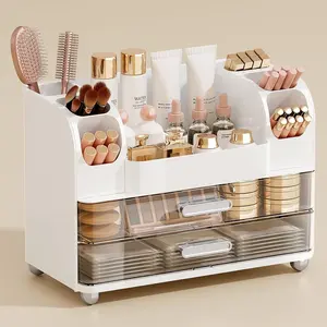 Makeup Organizer for Vanity with 2 Large Drawers, Cosmetic Display Case with Brush Holders, Easy to Storage for Bathroom Countertop Skincare, Perfume
