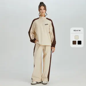 Women's Sports Color-Matching Striped Zipper Mock Neck Long Sleeve Sweatshirt & Wide Leg Trousers Co-ord Set & Separates, Loose Toggle Drawstring Tracksuit (CN)