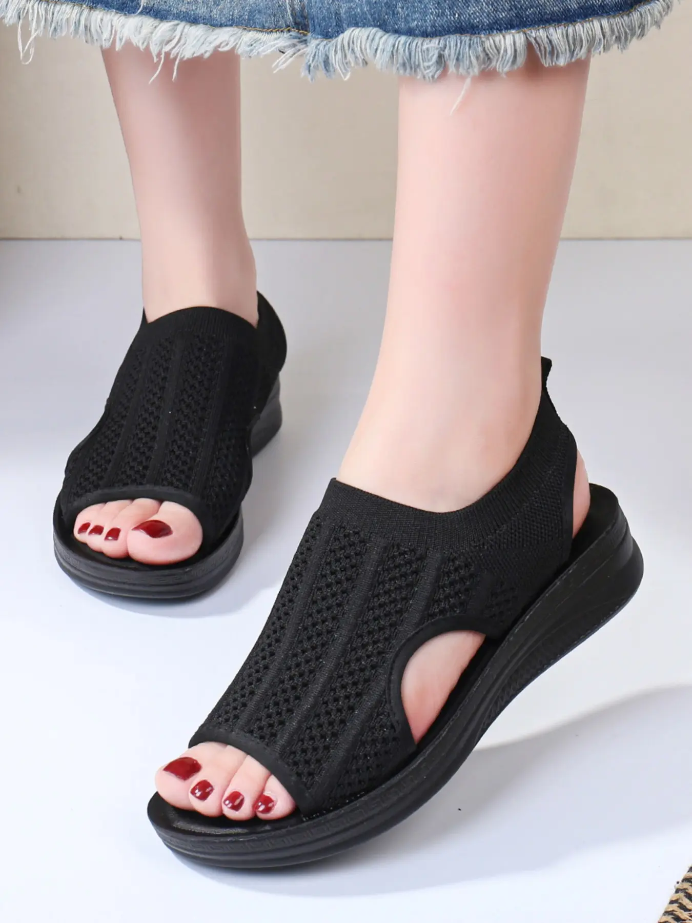 Women's Slip-On Wedge Sandals, Textile Texture, Lightweight Sandals, Casual Fashion Sandals, Breathable Summer Sandals, Casual Office Shoes, Comfortable Walking, Beach & Travel, Ladies' Footwear, Fashionable Footwear