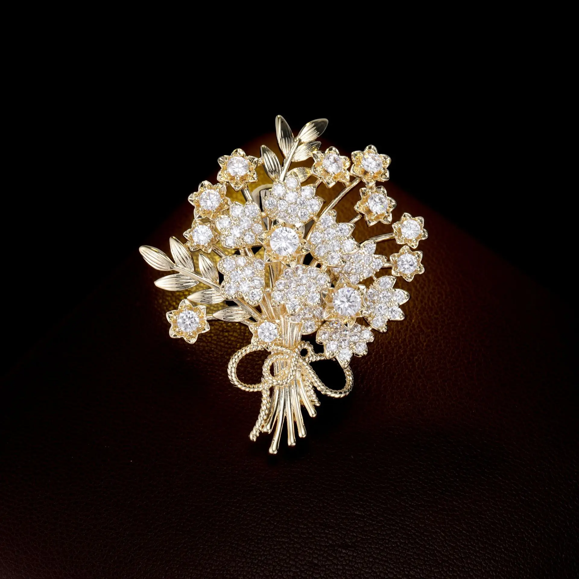 Gold Zircon Flower Bouquet Brooch
