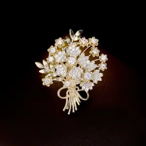 Gold Zircon Flower Bouquet Brooch