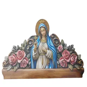 Wall Key Holder with Hooks – Wooden Virgin Mary & Baby Jesus Love Design, Decorative Wall-Mounted Key Rack with 4 Hooks, Vintage Religious Home Decor for Entryway, Hallway & Living Room