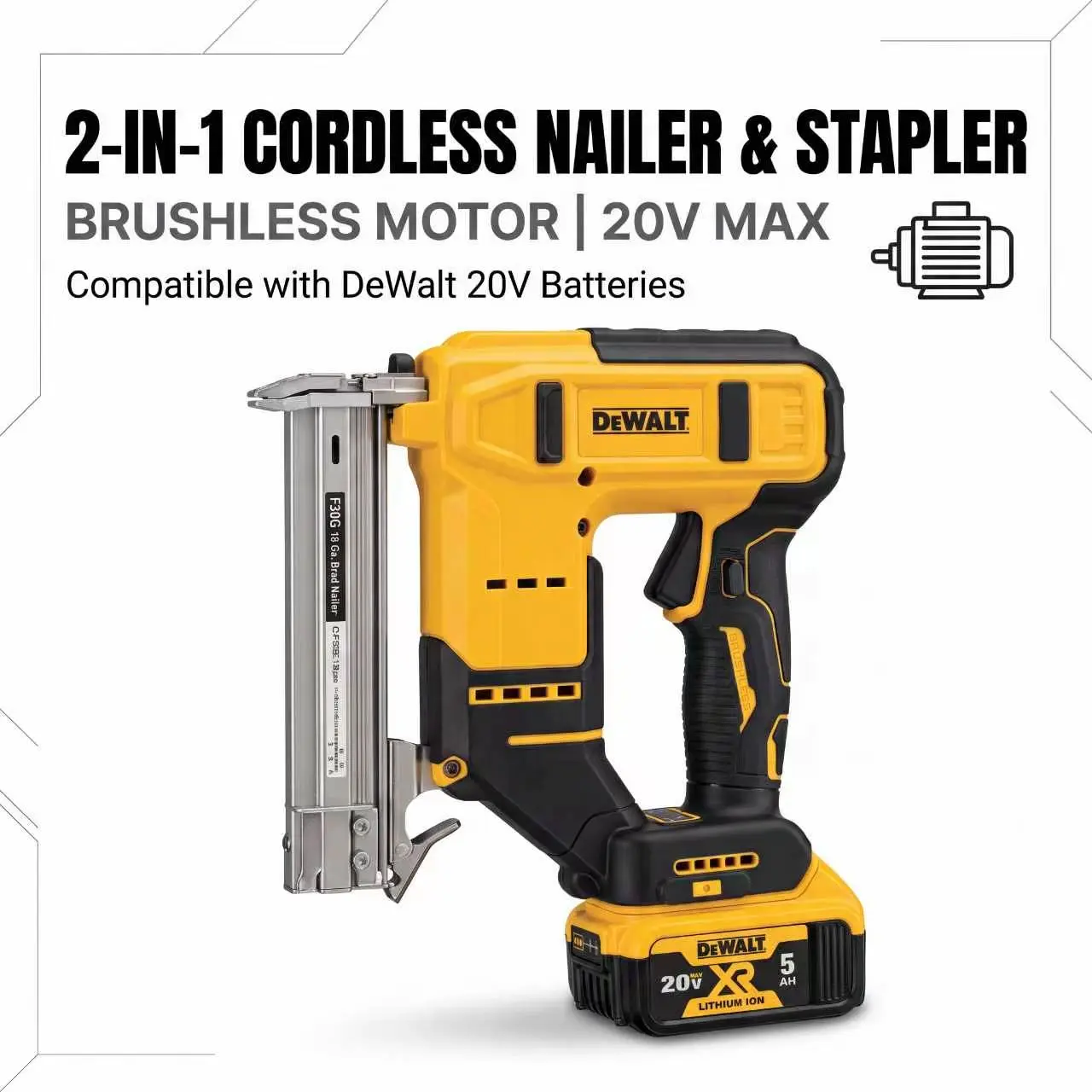 F30 2-in-1 Cordless Brad Nailer and Crown Stapler Compatible with DeWalt 20V MAX Battery Brushless 18 Gauge Electric Power Nail Gun Tool Only for Woodworking Cabinetry Baseboard Molding DIY Crafting Projects