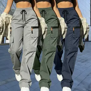 Women’s Summer Breathable Cargo Pants 3-Piece Set — Lightweight, quick-drying outdoor casual long pants featuring a drawstring, faux zipper accents, multiple pockets, and an adjustable waistband