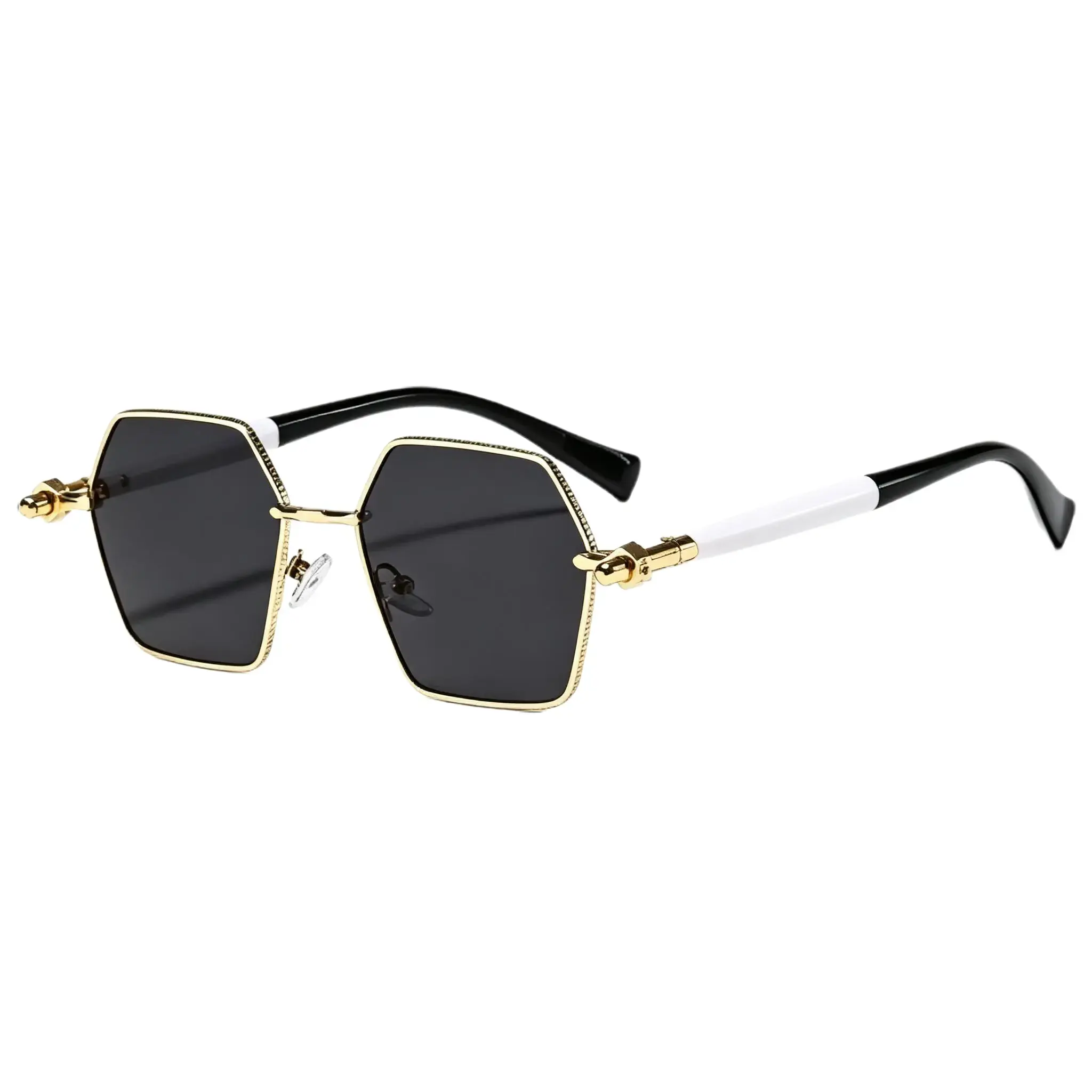 Hexagonal Sunglasses for Women, Gold Metal Frame with 2-Tone Temples and Decorative Hinges, Gift Ready, UV400 Sun Protection, Fashion Enthusiasts, Gift Ready Style, Gold Color Metal, Eyewear Fashion, Female, Polycarbonate