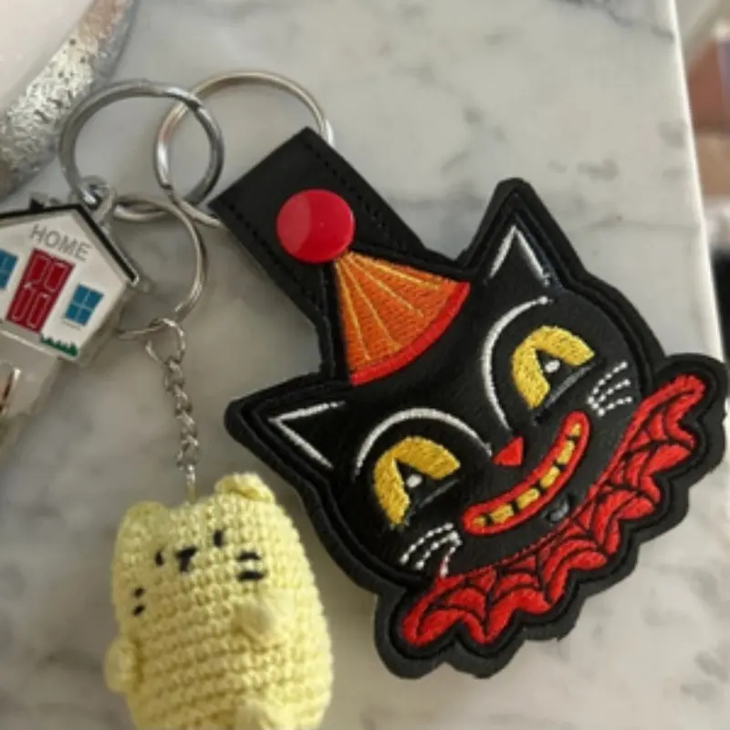 Vintage Halloween Cute Cat Embroidered Vinyl Keychain for Bags, Keychain for Purse, Adorable Halloween Accessory, Perfect Gift for Cat Lovers, Keychain Decor, Cute Keychains
