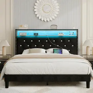 Full/ Queen/ King Size Bed Frame With Storage Shelf Headboard, Velvet Upholstered Bed Frame With LED Lights & Charging Station, Modern Bed Frame With Diamond Tufted Headboard, No Box Spring Needed, Black/ White, Full/ Queen/ King (USB LED Strip), Queen Be