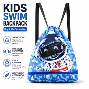 Kids Waterproof Swim Backpack, Dry Wet Separation, Drawstring Pool Bag, Cartoon Design, Ideal for Beach, School, Sports