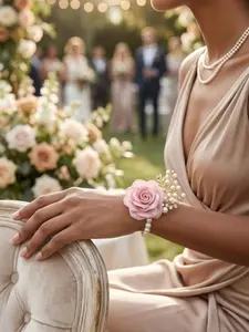 Luxury Champagne Rose Wrist Corsage for Bridesmaids, Elegant Pearl Bracelet Flower, Wedding Prom Hand Flower Accessory, Floral Jewelry
