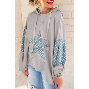 Beau Blue Floral Patchwork Star Pattern Drawstring Hoodie