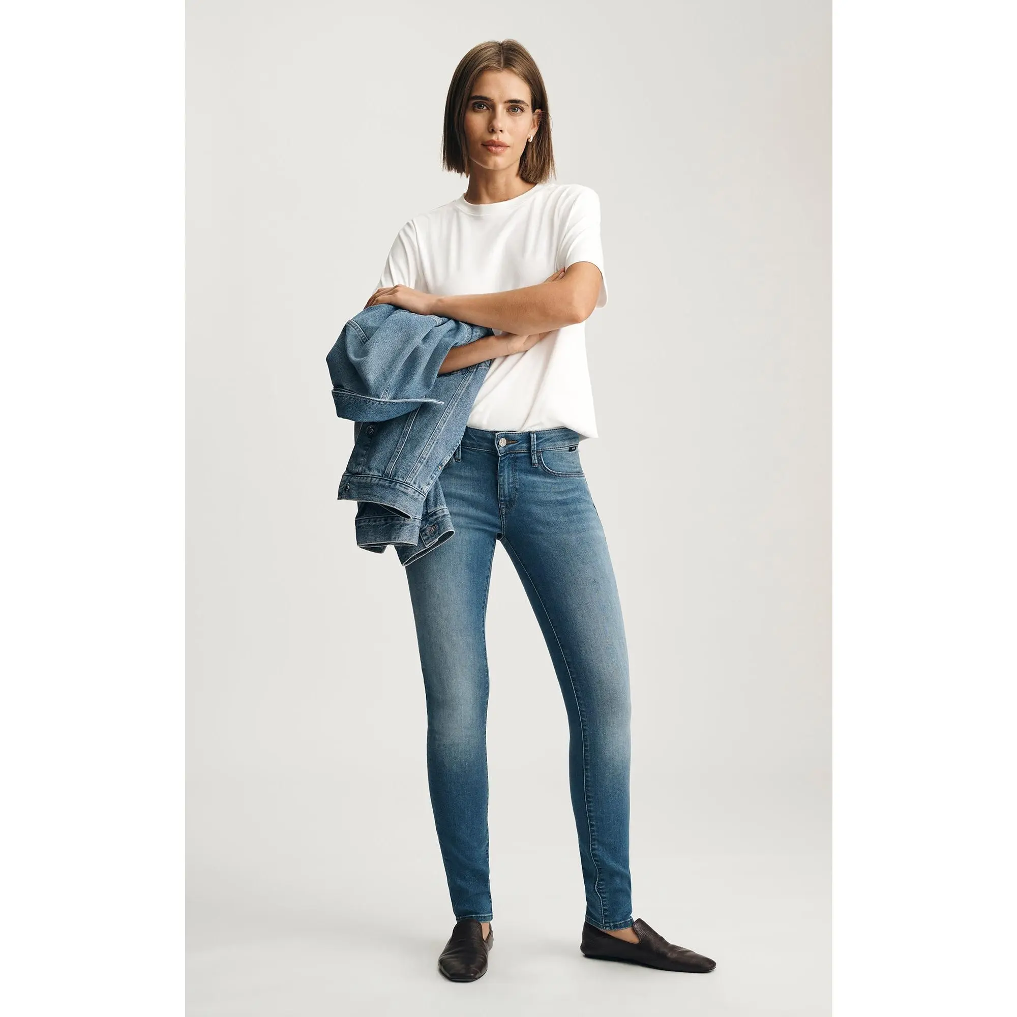 Mid-Rise Skinny Leg Jeans, Alexa Classic Supersoft Denim Bottom, Figure-Hugging Silhouette in Medium Blue Wash, Lady, Fit, Basic, Jean Pants, Bottoms, Flattering Jeans
