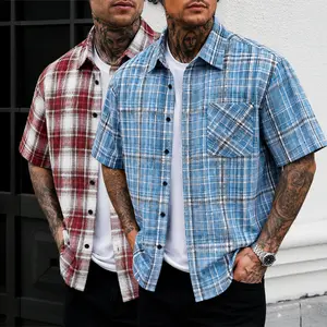2-Pack Men’s Casual Plaid Short-Sleeve Button-Down Shirts, Loose Fit, Lightweight Checked Summer Shirts with Pocket oxford