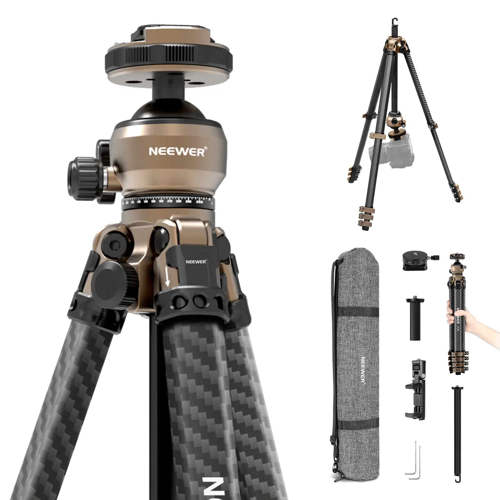 NEEWER LT39 LITETRIP Carbon Fiber Tripod, 62.4" Travel Camera Tripod with Low Profile Ball Head, Phone Holder, 2 Center Columns, 22 lb Load, PD V3 Plate Compatible for DSLR & iPhone