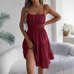 Women's Sleeveless Strap Square Neck Layered Ruched Dress