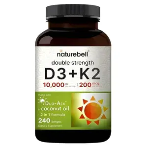 Vitamin Double Strength D3 + K2-240 Softgels - 10,000 IU Vitamin D & 200mcg K2 - Bone Strength, Immune Function & Calcium Absorption Support* - Coconut Oil Infused