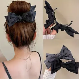 2pcs Elegant Bow Hair Clips | Stylish Fabric Hair Bun and Ponytail Holders with Bow Design, Dark Gray and Black Styles, Hair Accessories for Women and Girls