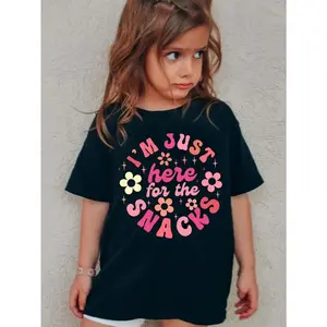 I'm Just Here for the Snacks" Girls' Black Cotton T-Shirt - Comfy Casual Summer Tee with Colorful Floral Print, Machine Washable, Round Neck Short Sleeve Top, Girls Summer Tee | Fun Graphic Tee | Breathable Fabric