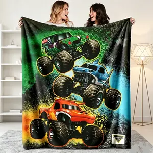 Cozy Monster Truck Flannel Blanket, Cool Racing Car Bedding for Boys Bedroom, Ultra-Soft Polyester Fiber Throw, Aesthetic Gamer & Sports Room Decor, All-Season Warm Nap Mat