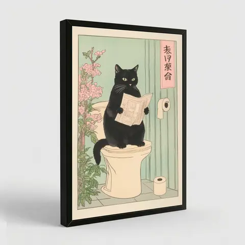 Japanese Black Cat on A Toilet Poster, Funny Bathroom Print, Toilet Poster, Japan Cat Wall Art, Aesthetic Minimalism, Neutral Japandi Print