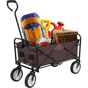 Foldable Garden Cart Camping Trolley with 360 Degree Rotating Wheel and Adjustable Handle, Load Bearing 220 Lbs, Brown