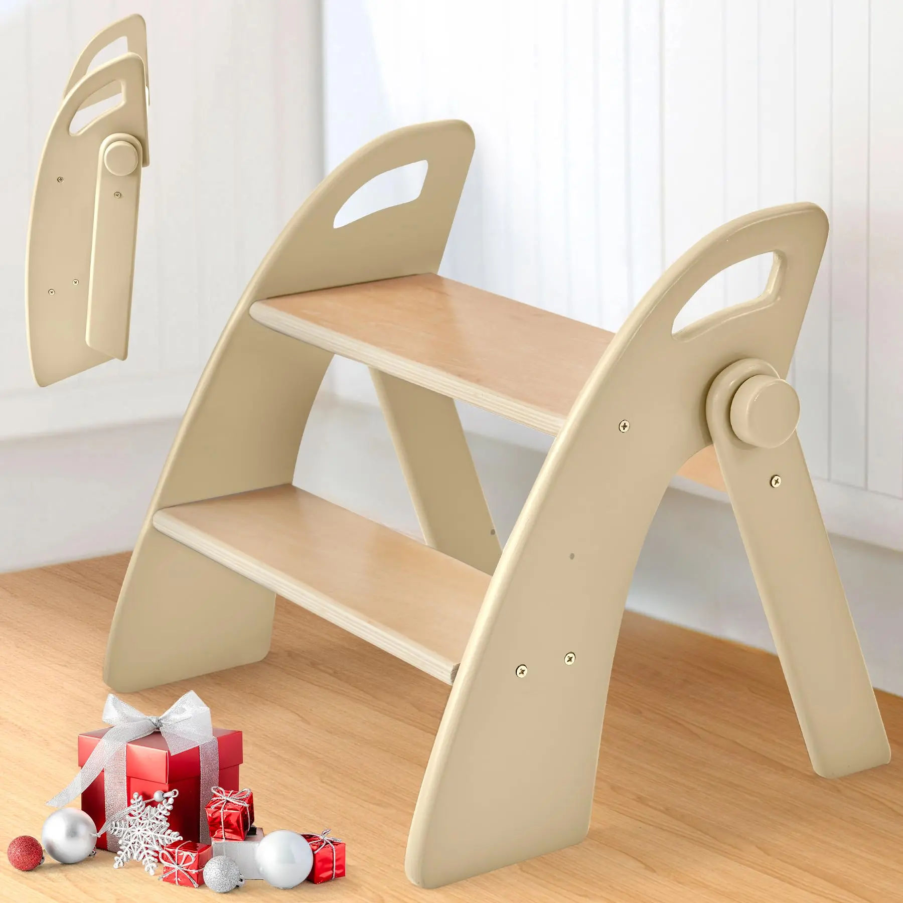 Bobike Foldable Bamboo Step Stool for Toddlers & Kids, 2-Step or 3-Step Options, Non-Slip Pads and Easy-Grip Handles, Bathroom Sink, Potty Training and Kitchen Helper, Up to 300 lb Capacity