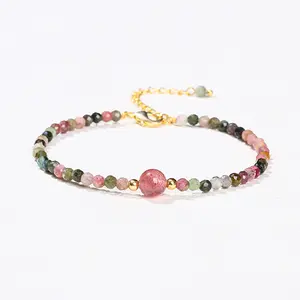 Natural Tourmaline + Strawberry Quartz Gold Bracelet - Handmade Adjustable Energy Bracelet for Women - Minimalist Simple Dainty Bracelet