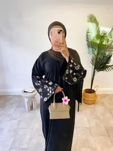 933（1-Piece Black Abaya with Pink & White Floral Embroidered Sleeves, Casual Modest Muslim Long Dress）