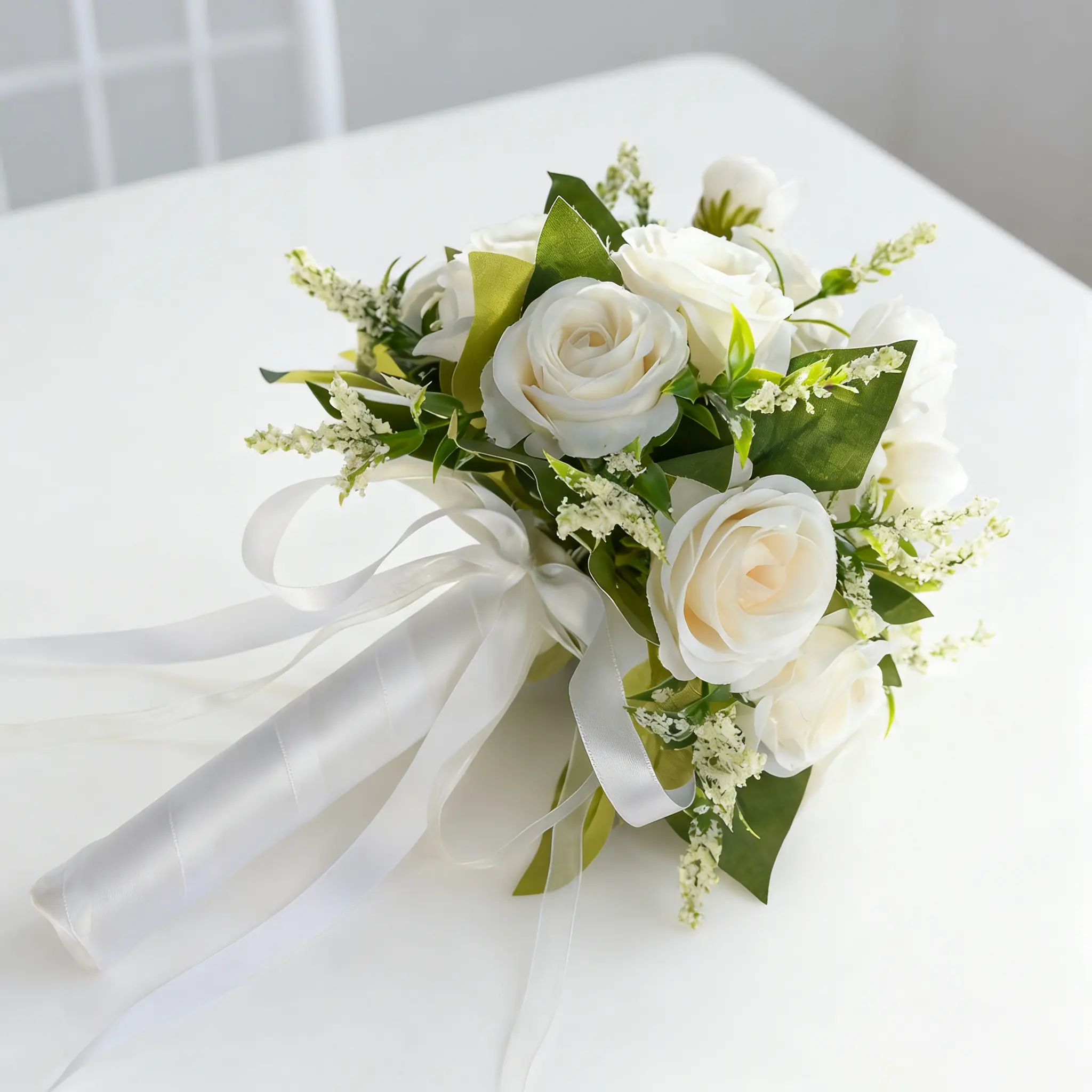 White Rose Handheld Silk-Plastic Decorative Artificial Bridal Bouquet - Bride & Bridesmaids Wedding Decor, Photography Prop, Bridal Shower Gift