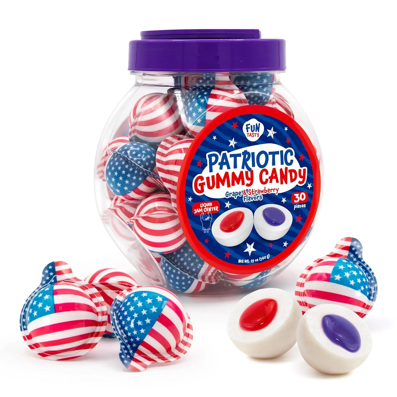 Patriotic Candy, Gummy Balls, Fruit Jam Center - 30 Count, 19 Oz Jar