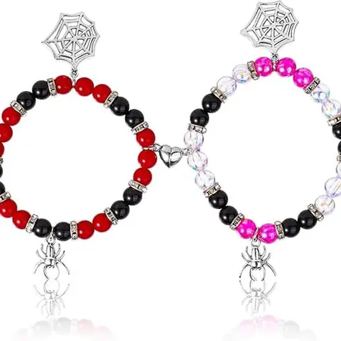 TMANI Spider Charm Beaded Magnetic Heart Bracelet - Adjustable Unisex Cobweb Theme Pair, TV Shows Role Play Jewelry, Halloween Decor, Matching BF and GF Gift for BF Birthday, Gifts for Him, Sohochic Daily Wear Accessory