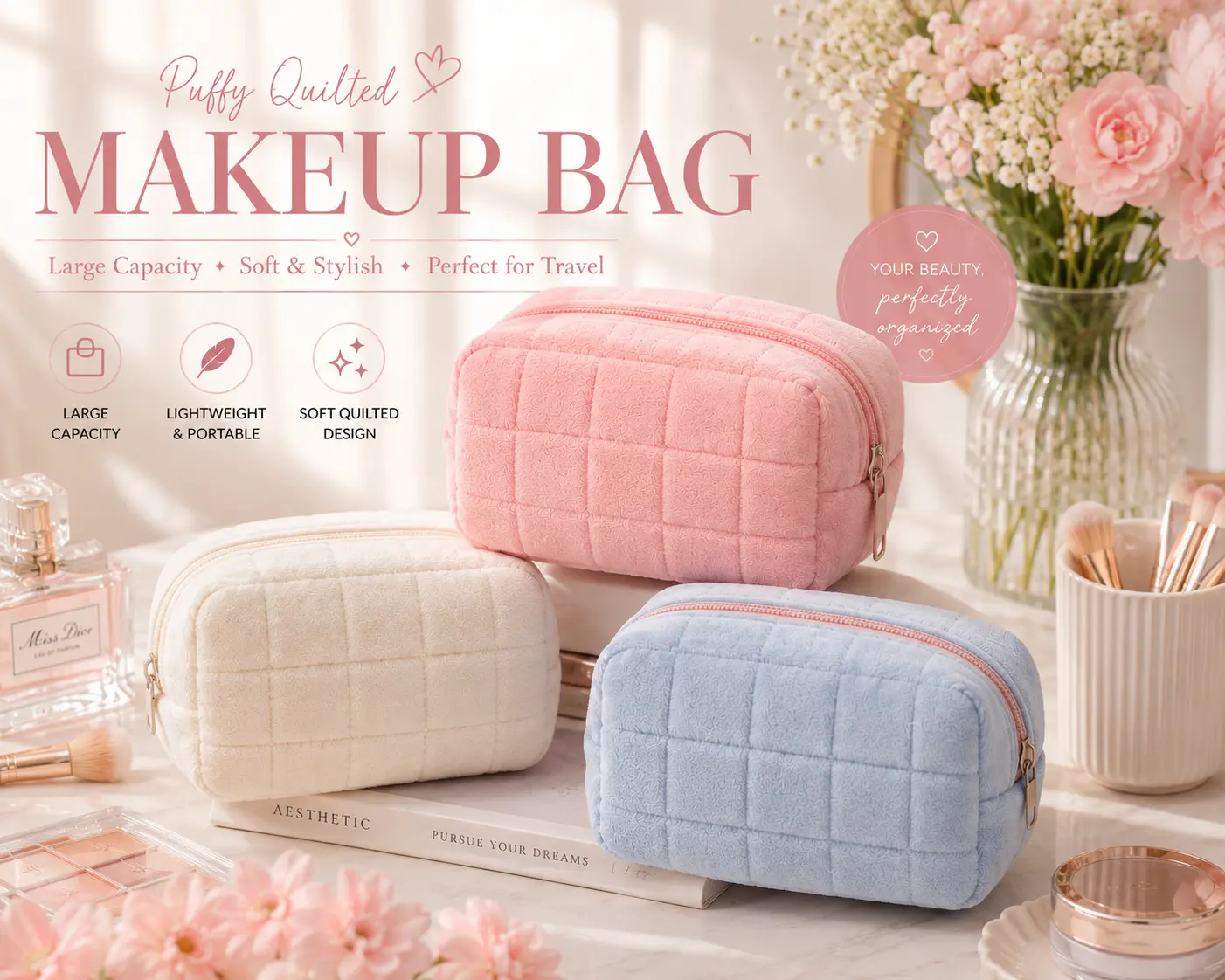 Puffy Quilted Makeup Bag | Large Cosmetic Organizer for Travel & Skincare