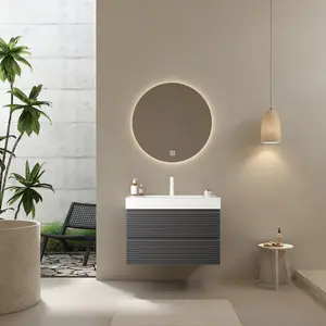 30" Bathroom Vanity with Undermount Sink, Modern Wall-Mounted Floating Plywood Striped Bathroom Storage Cabinet with 2 Drawers, White Integrated Rectangular Basin without Faucet, Gray Color
