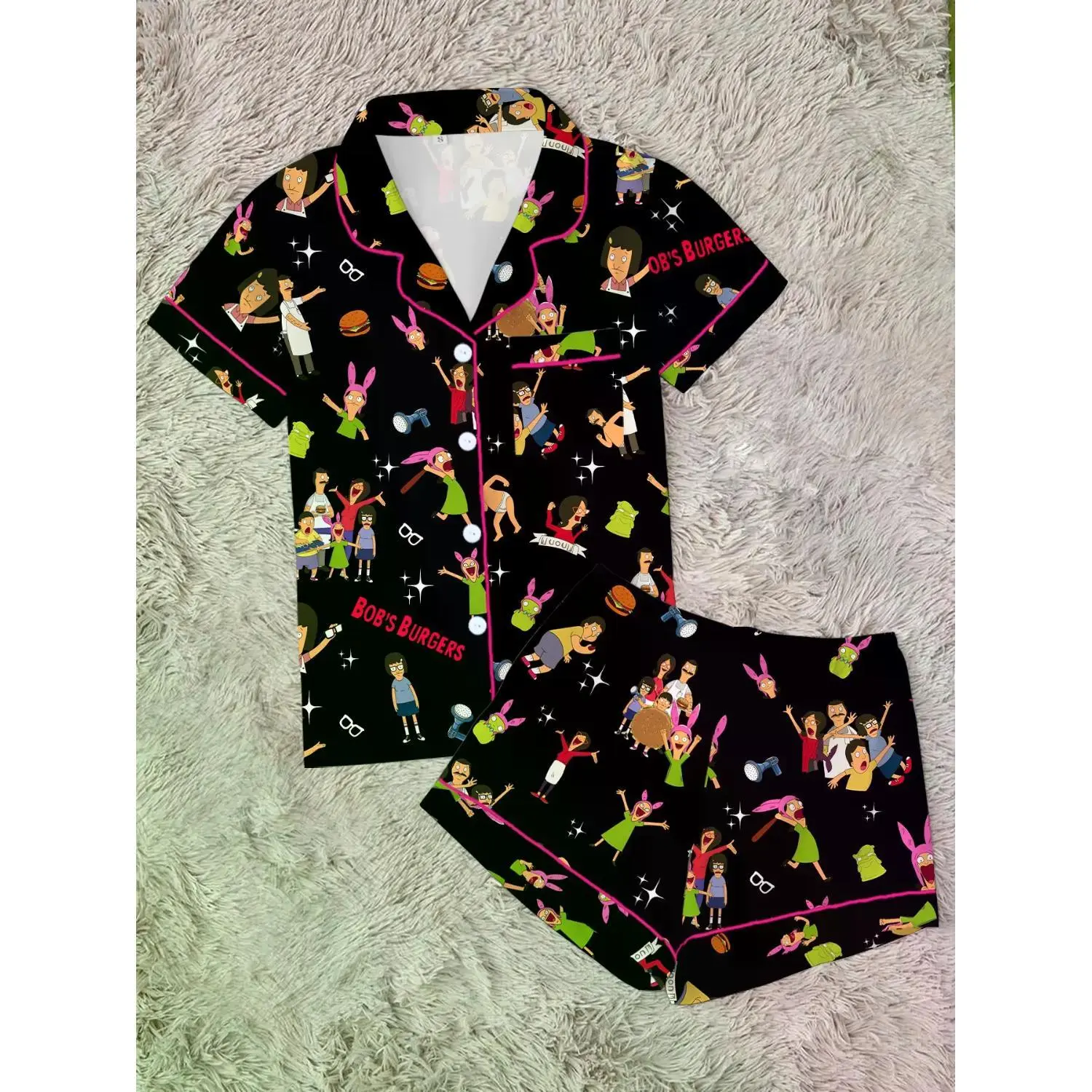 Bob's Burgers Family Cute Burger Print Lapel Short Sleeve Pajama Set - Women's Comfortable Casual Loungewear, Party Gift Home Nightwear PJs