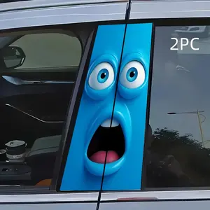 Blue Big Eye Car B Pillar Stickers, Cartoon Expression Decals, Creative Decorative Accessories, Self-Adhesive, Half Matte, One-Time Use