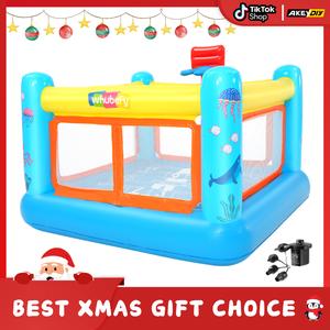 AKEYDIY Inflatable Bounce House with Air Pump for Kids 3-6, Durable PVC Trampoline with Large Jumping Area, Basketball Hoop, Game Map, Indoor/Outdoor Play, Christmas Gifts for Kids