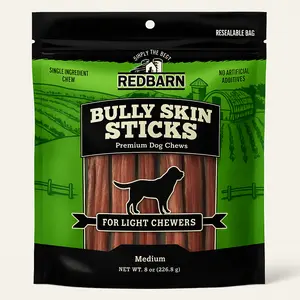 Redbarn Pet Products Bully Skin Sticks Beef Dog Treat 8 oz Bag Single Ingredient Chew Natural Beef Pizzle Dental Support for Light Chewers