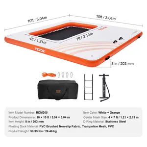 VEVOR Inflatable Floating Dock, 10x10FT Inflatable Dock Platform with 4*7FT Trampoline Mesh Pool, Non-Slip Floating Platform Water Mat with Portable Bag Detachable Ladder for Pool Beach Relaxation