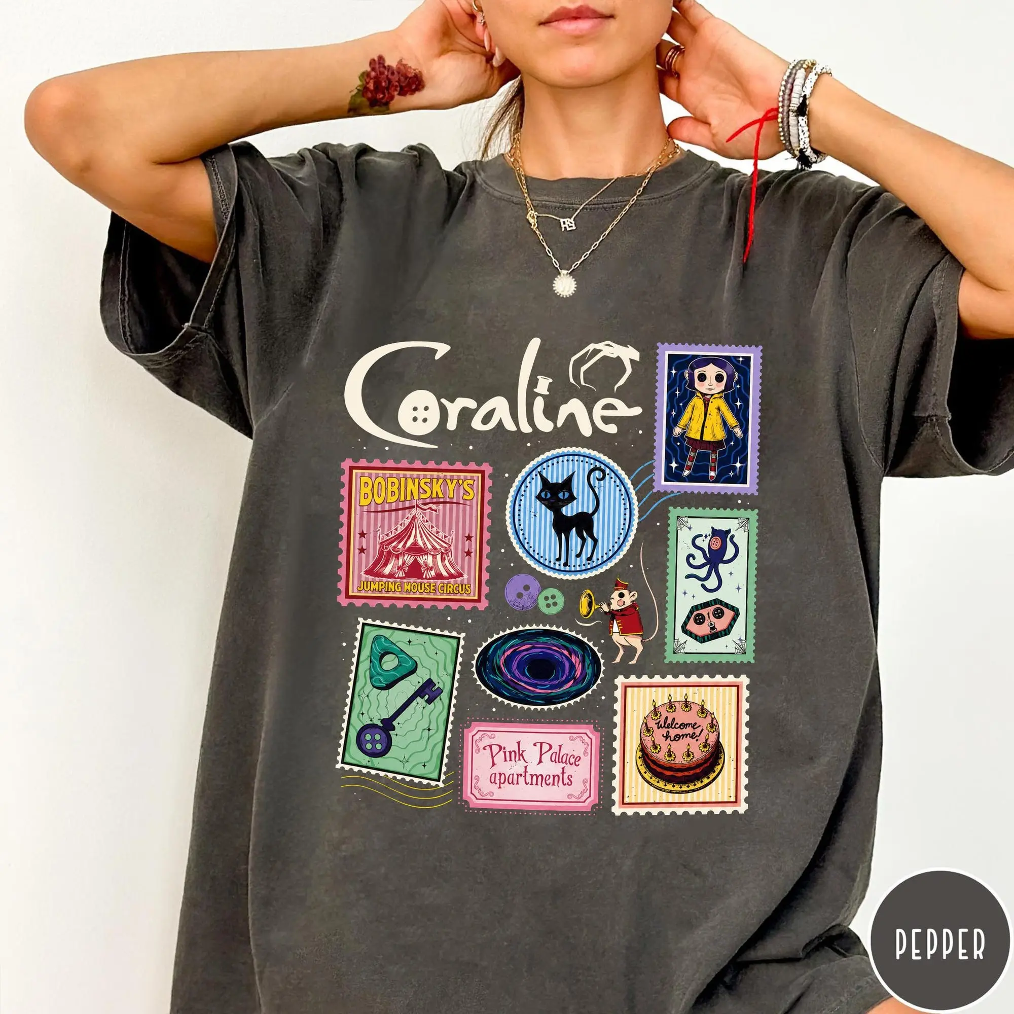 Coraline Shirt, Coraline Movie Graphic Tee, Dark Fantasy Book Lover Shirt, Coraline Stamps Artwork, Coraline Fan Gift for Teens & Adults