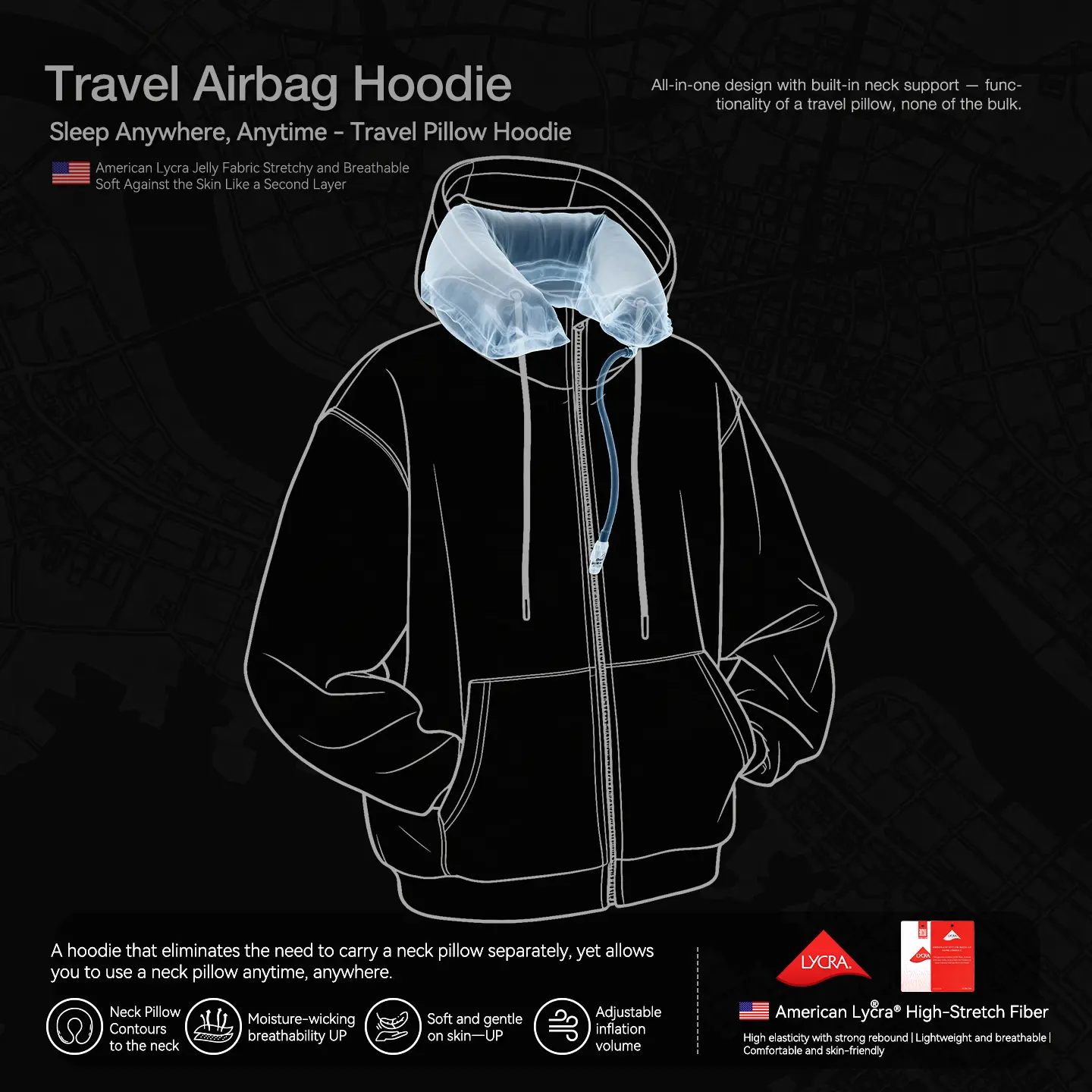 Inflation Unisex Travel Hoodie with Built-in Inflatable U-Shaped