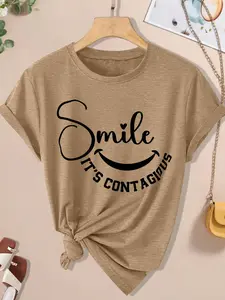 "Smile It's Contagious" Smiley Face Women's Casual Short Sleeve Crew Neck Cotton T-Shirt – Bestselling Positive Graphic Print, Heather Navy, Machine Washable Spring & Summer Top, Soft Skin-Friendly Fabric, Daily Versatile, Fashion Design
